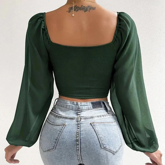 Dark Green Casual Women's Sweetheart Neck Drawstring Lantern Sleeve Crop Top - Picture 2 of 5